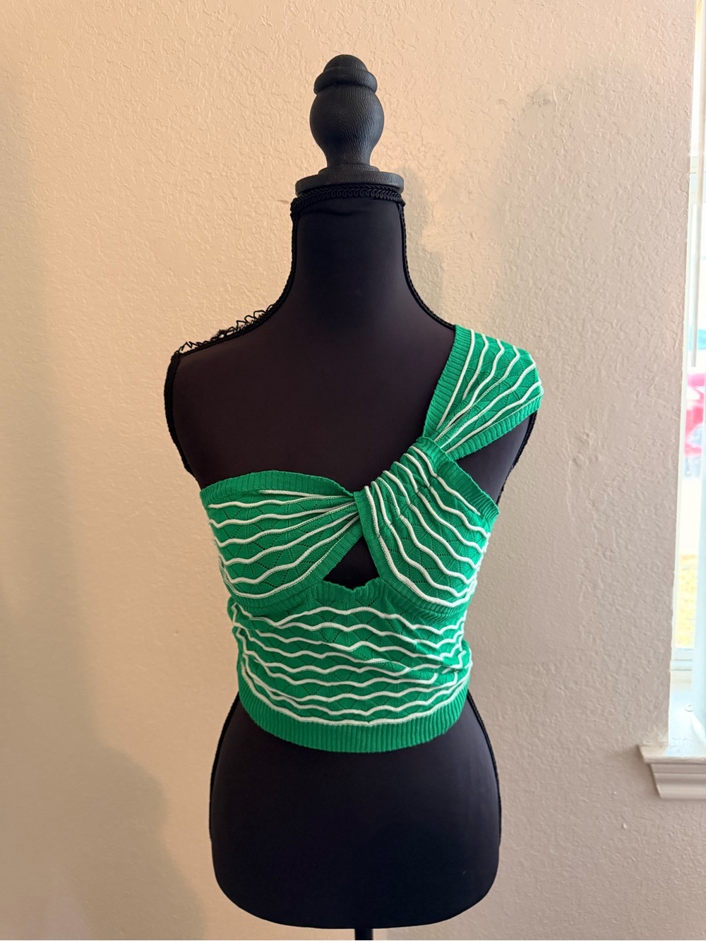 Green Striped One-Shoulder Knit Top